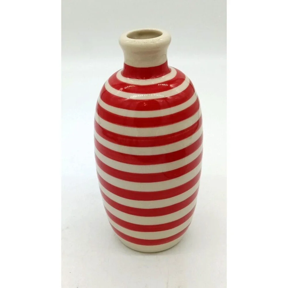 Handmade Beneoliva Spain Red & Beige Striped Ceramic Olive Oil Bottle Vase 7.75